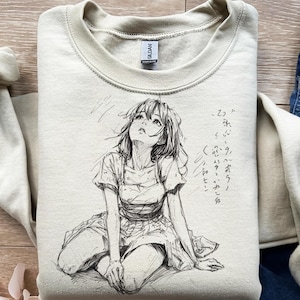 Schizzo di donna, ragazza anime seduta, stile giapponese, design per t-shirt, png, svg, sublimazione, dtf, disegnato a mano, ritratto manga, disegno a matita, stampa grafica