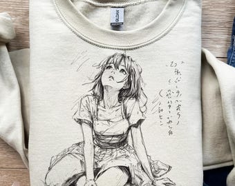 Boceto de mujer, chica anime sentada, estilo japonés, diseño de camiseta, png, svg, sublimación, dtf, dibujado a mano, retrato manga, dibujo a lápiz, impresión gráfica