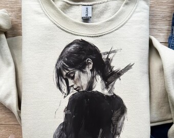 Boceto de mujer, retrato melancólico, vestido negro, diseño de camiseta, png, svg, sublimación, dtf, dibujado a mano, línea de lápiz, pose femenina, salpicaduras de tinta, impresión gráfica