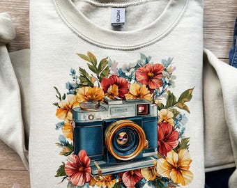 Cámara vintage, arte floral retro, imágenes prediseñadas de flores, diseño fotográfico, póster de cámara, descarga digital PNG, diseño de camiseta, sublimación, DTF