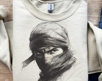 Boceto de ninja, rostro de shinobi, guerrero enmascarado, diseño de camiseta, png, svg, sublimación, dtf, asesino de las sombras, dibujado a mano, tinta negra, artes marciales, espía japonés