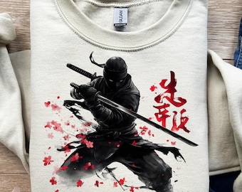 Guerrero Ninja, Shinobi japonés, Espada Katana, diseño de camiseta, png, svg, sublimación, dtf, Luchador de las Sombras, Pétalos de Sakura, Arte asiático, Arte marcial, Shogun