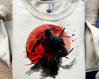 Guerrero Ninja, Disco Solar Rojo, Shinobi Negro, diseño de camiseta, png, svg, sublimación, dtf, Luchador de las Sombras, Cultura Japonesa, Pose de Acción, Archivo Digital
