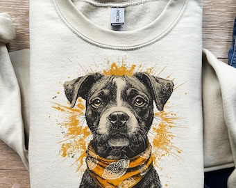 Cachorro bóxer, pañuelo amarillo, retrato de perro adorable, arte salpicado, regalo para amantes de las mascotas, arte moderno para mascotas, descarga digital PNG, diseño de camiseta, sublimación, DTF