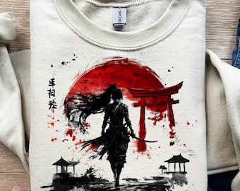 Mujer samurái, puerta torii, disco solar rojo, diseño de camiseta, png, svg, sublimación, dtf, alma bushido, guerrera japonesa, figura de acción, archivo digital