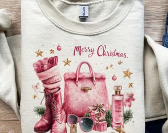 Botas rosas, bolso navideño, estilo navideño chic, set de regalo, glamour invernal, estilo acogedor, moda navideña, estrellas doradas, PNG navideño, diseño de camiseta, sublimación, dtf