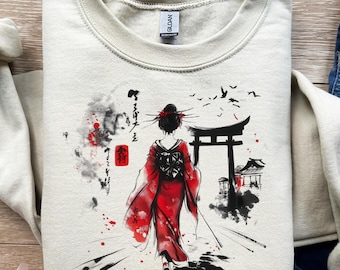 Geisha, Puerta Torii Roja, Vestido Kimono, diseño de camiseta, png, svg, sublimación, dtf, estilo japonés, Jardín de Kioto, tinta vintage, impresión gráfica, Japón
