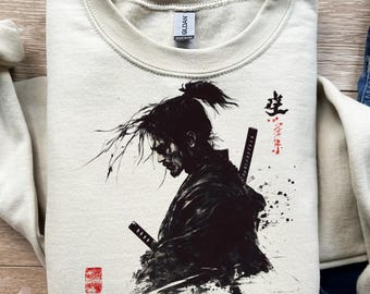 Samurái Sil, Perfil lateral, Pincel de tinta, Arte japonés, Estado de ánimo guerrero, Tono oscuro, Cabello suelto, Espalda de cuchilla, PNG, SVG, Diseño de camiseta, Sublimación, DTF