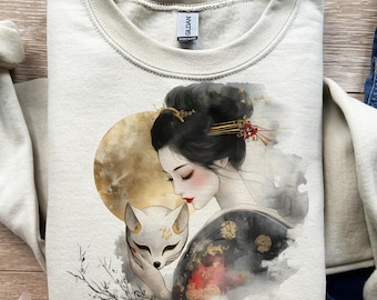 Figura de geisha, obra de zorro blanco, tinta Moonlight, regalo japonés, PNG, SVG, sublimación, DTF, diseño de camiseta, carga instantánea, estilo floral, gráfico moderno.