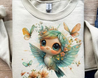 Arte de pájaro verde, criatura floral, mariposa, diseño de camiseta, PNG, SVG, sublimación, DTF, espíritu del jardín, gráfico de la naturaleza, animal dulce, suave, arte