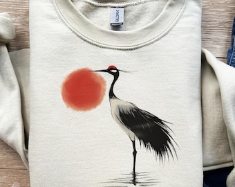 Grúa japonesa, arte del sol rojo, garza, pintura zen, PNG, SVG, diseño de camiseta, sublimación, DTF, oriental, vida silvestre, minimalista, icono de la naturaleza.