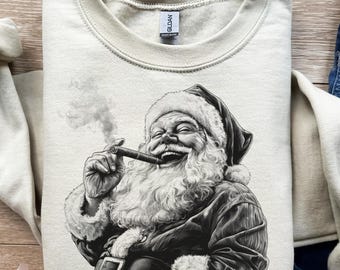 Papá Noel riendo, Arte con humo de puro, Estilo blanco y negro, Retro festivo, Alegría vintage, Alegría clásica, PNG navideño, diseño para camisetas, sublimación, dtf