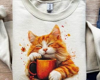 Gato naranja, taza de café, gatito durmiendo, diseño de camiseta, png, svg, sublimación, dtf, café matutino, amante de las mascotas, gráfico de animales, hora de maullar, archivo digital