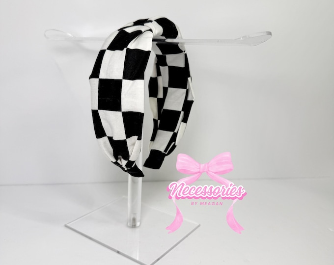 Checkered Knotted Headband - Retro Black and White Hair Accessory