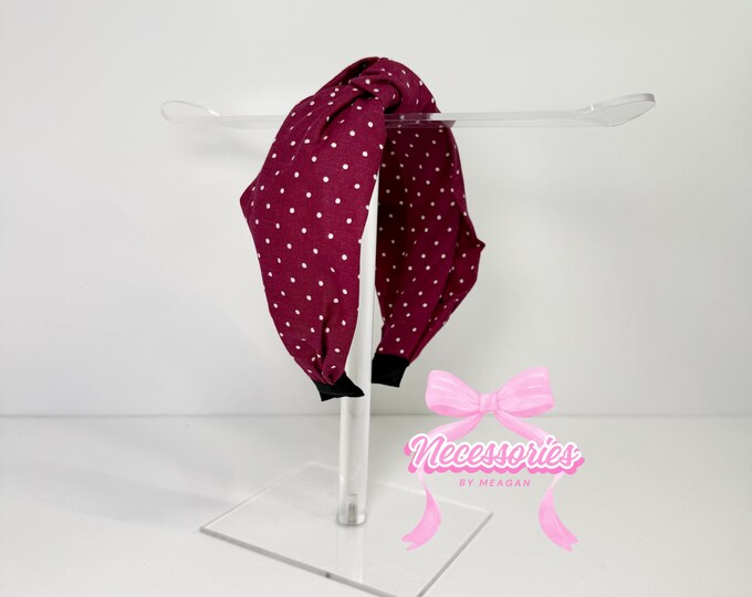 Burgundy & White Polka Dot Knotted Headband