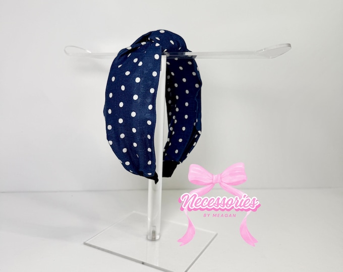 Navy Blue & White Polka Dot Knotted Headband