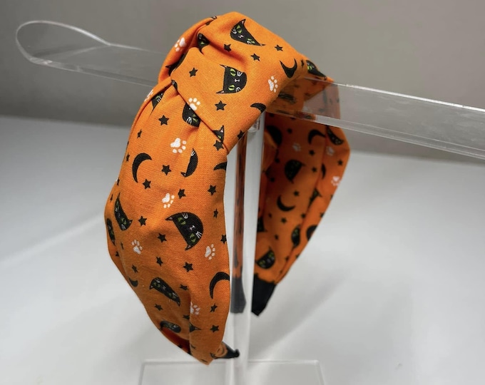 Black Cat & Moon Orange Knotted Headband