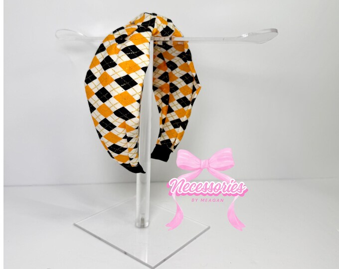 Orange, Black & Gold Argyle Knotted Headband
