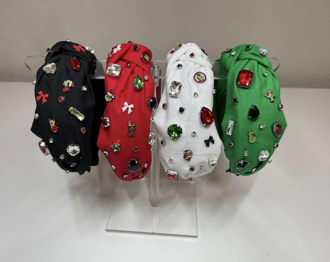 Grinch Jeweled Christmas Knotted Headband