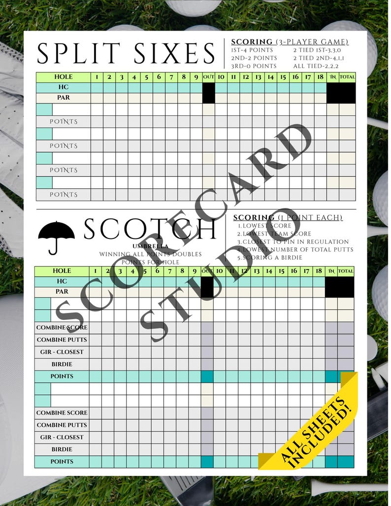 Split Score Card Golf Game Scorecards – Wolf, Nassau, Stableford, Skins, and More – Golf ...