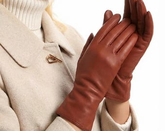 Elegant Brown Leather Gloves Women | Wrist Length Gift for Her | Winter Fashion