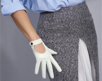 White Leather Driving Gloves Women | White Driving Gloves With Cutout Strap Button | Vintage Leather Gloves Women Old Money Winter