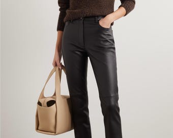 Women’s Black Leather Pants | High Waisted Genuine Leather Trousers | Slim Fit Leather Pants | Classic Minimal Leather Bottoms