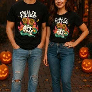 Chill to the Bone Halloween Shirt, Retro Skull Graphic Tee, Spooky Skeleton Gothic T-Shirt, Creepy Cute Halloween Party Shirt, Summer Tee