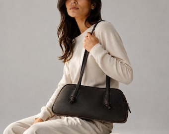 100% Genuine Leather Shoulder Bag, Leather Barrel Purse, Small Leather Handbag, Womens Leather Bag, Minimalist Top Handle Bag