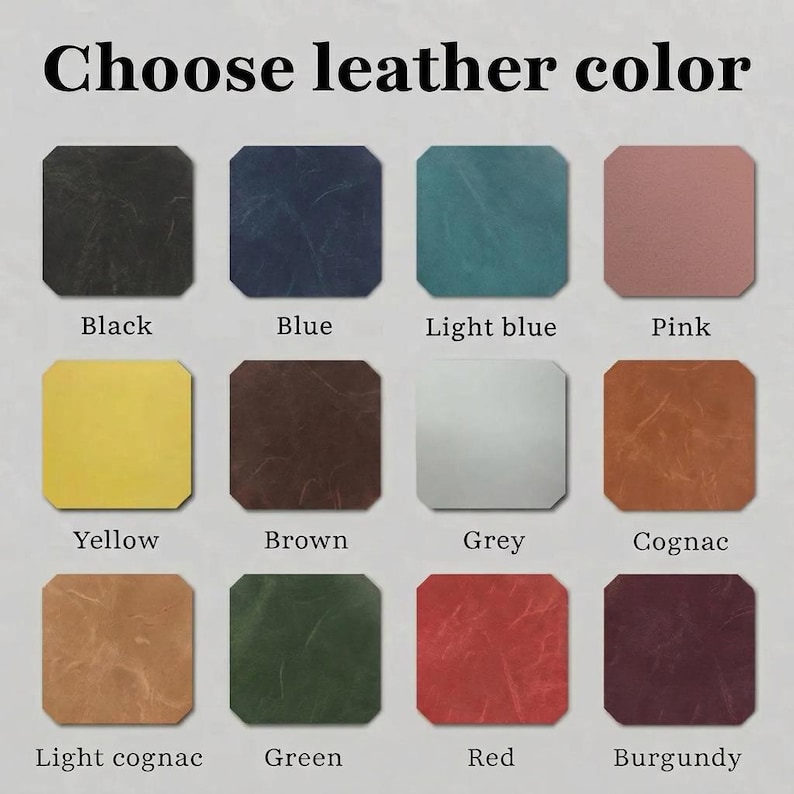 K&ouml;nnte beinhalten: Farbtabelle mit der Aufschrift "W&auml;hlen Sie die Lederfarbe". Die Tabelle zeigt 12 Lederfarben: Schwarz, Blau, Hellblau, Rosa, Gelb, Braun, Grau, Cognac, Hellcognac, Gr&uuml;n, Rot und Burgunderrot.