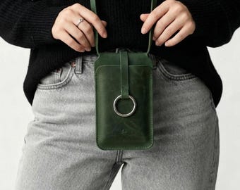 Bolso bandolera para móvil 100% piel auténtica, bolso para móvil hecho a mano, bolso bandolera para móvil, funda delgada para móvil, funda bandolera de piel para móvil