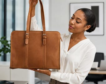 100% Genuine Leather Laptop Tote Bag, Women's Work Bag, Large Shoulder Tote, Business Briefcase for Women, Brown Leather Office Bag