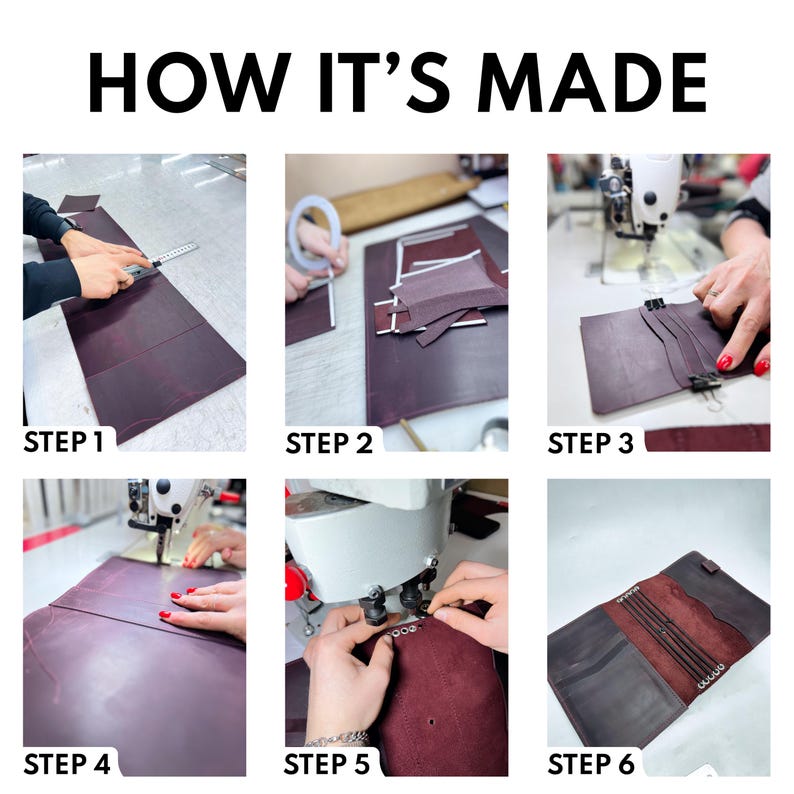 Peut inclure: Un guide &eacute;tape par &eacute;tape montrant le processus de fabrication d'un produit en cuir. L'image montre les &eacute;tapes de la coupe et de la mesure du cuir &agrave; la couture et &agrave; l'ajout de mat&eacute;riel. Le texte "HOW IT'S MADE" est en haut.