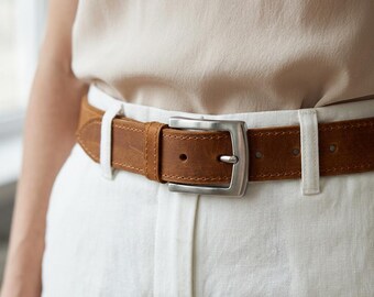 100% Genuine Leather Belt for Women, Thin Leather Waist Belt, Classic Skinny Belt, Minimalist Buckle Belt for Jeans and Dresses