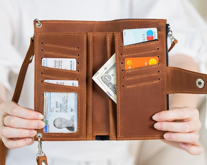 100% Genuine leather wallet phone compartment, Leather wallet with strap women, Leather wallet clutch women, Crossbody phone wallet