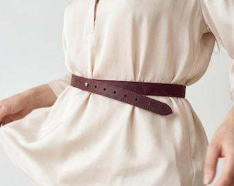 100% Genuine Leather Buckleless Skinny Waist Belt, No Buckle Belt for Women, Thin Leather Tie Belt for Dresses, Tunics and Jeans