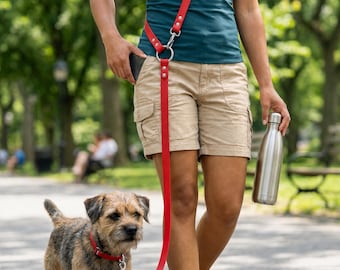100% Genuine Leather Hands Free Dog Leash and Collar Set, Crossbody Waist Dog Lead, Adjustable Pet Walking Leash, Running Training Leash