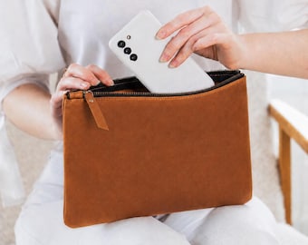 Borsa grande in pelle con cerniera, Borsa personalizzata in pelle con cerniera, Borsa in pelle personalizzata, Borsa da polso con cerniera, Pochette da damigella d'onore