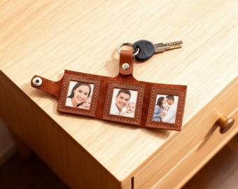 100% Genuine leather photo keychain for men, Personalized photo keychain leather, Engraved photo keyring, Personalized gifts for him