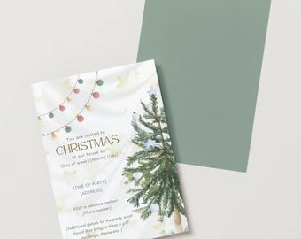 Può includere: Biglietto d'invito natalizio con un albero di Natale ad acquerello e luci a catena. L'invito recita "You are invited to CHRISTMAS at our house on [Day of week] [Month] [Day]" con spazio per i dettagli della festa.