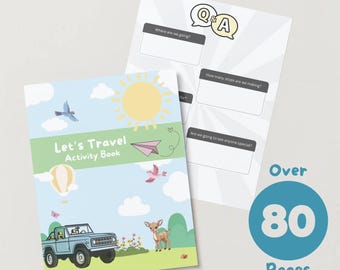 May include: A children's travel activity book with a blue cover featuring a cartoon illustration of a blue car, deer, and hot air balloon. The book is titled "Let's Travel Activity Book" and includes a Q&A page. The image also shows "Over 80 Pages".