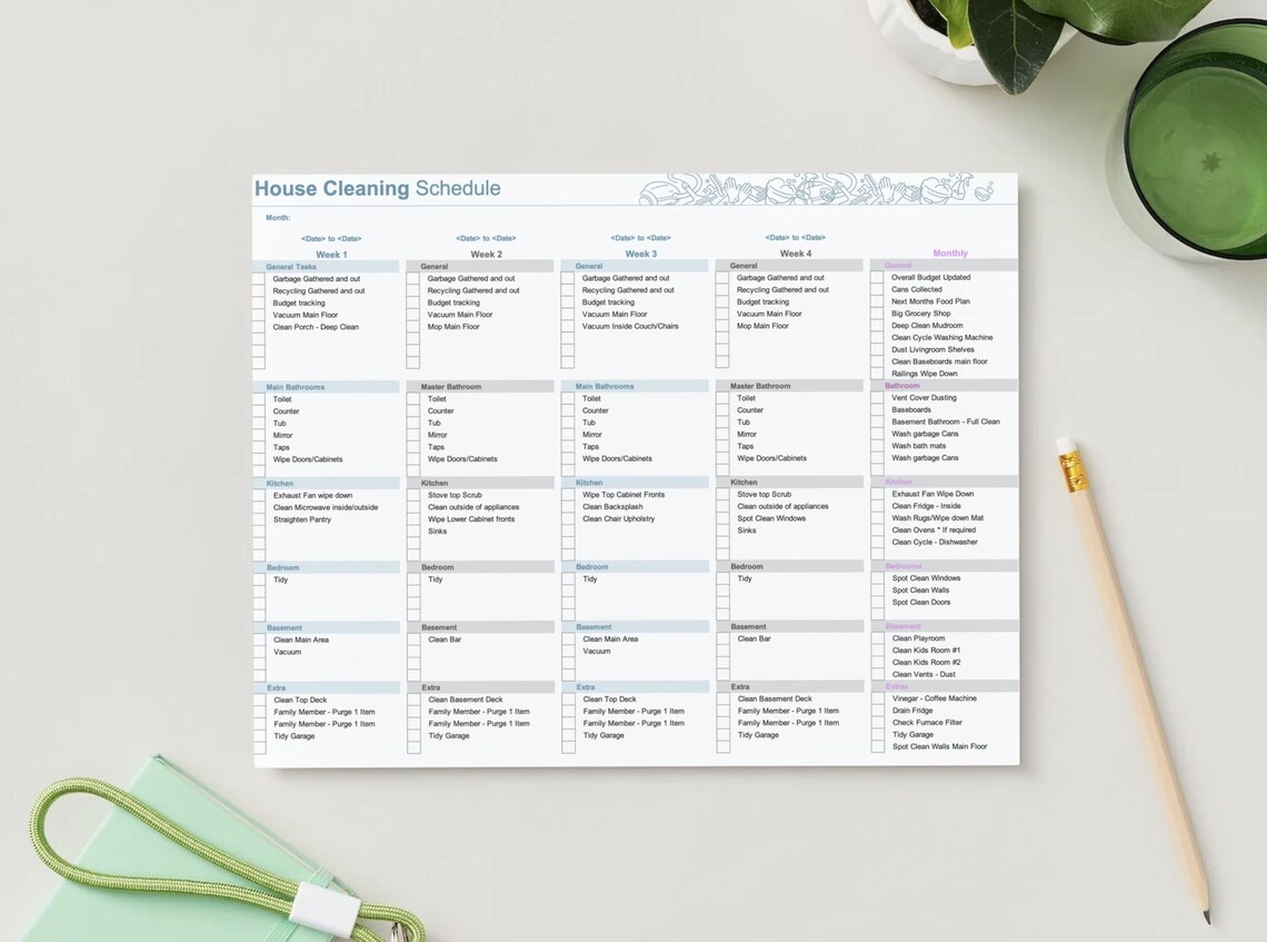 Editable House Cleaning Schedule Template: Instant Excel Download (11x8 ...