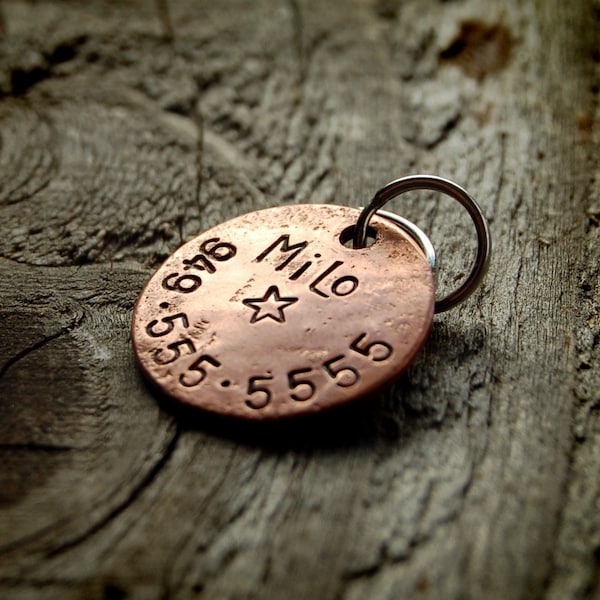 Dog Tags, Dog Tags for Dogs, Pet ID Tags, Custom Pet ID, Hand Stamped, Personalized, Cat Tags, Name Tags, Pet Tag, Milo, custom 3/4" copper