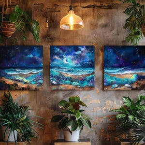 Moonlit Ocean Waves Triptych: Coastal Boho Canvas Wall Art