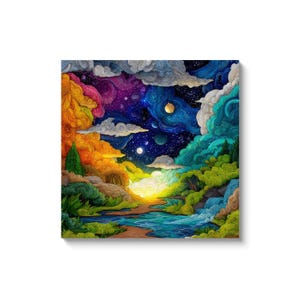 May include: A vibrant, colorful canvas print depicting a surreal landscape. The artwork features a split composition with a starry night sky, planets, and swirling clouds on one side, and a daytime scene with a river and lush greenery on the other.