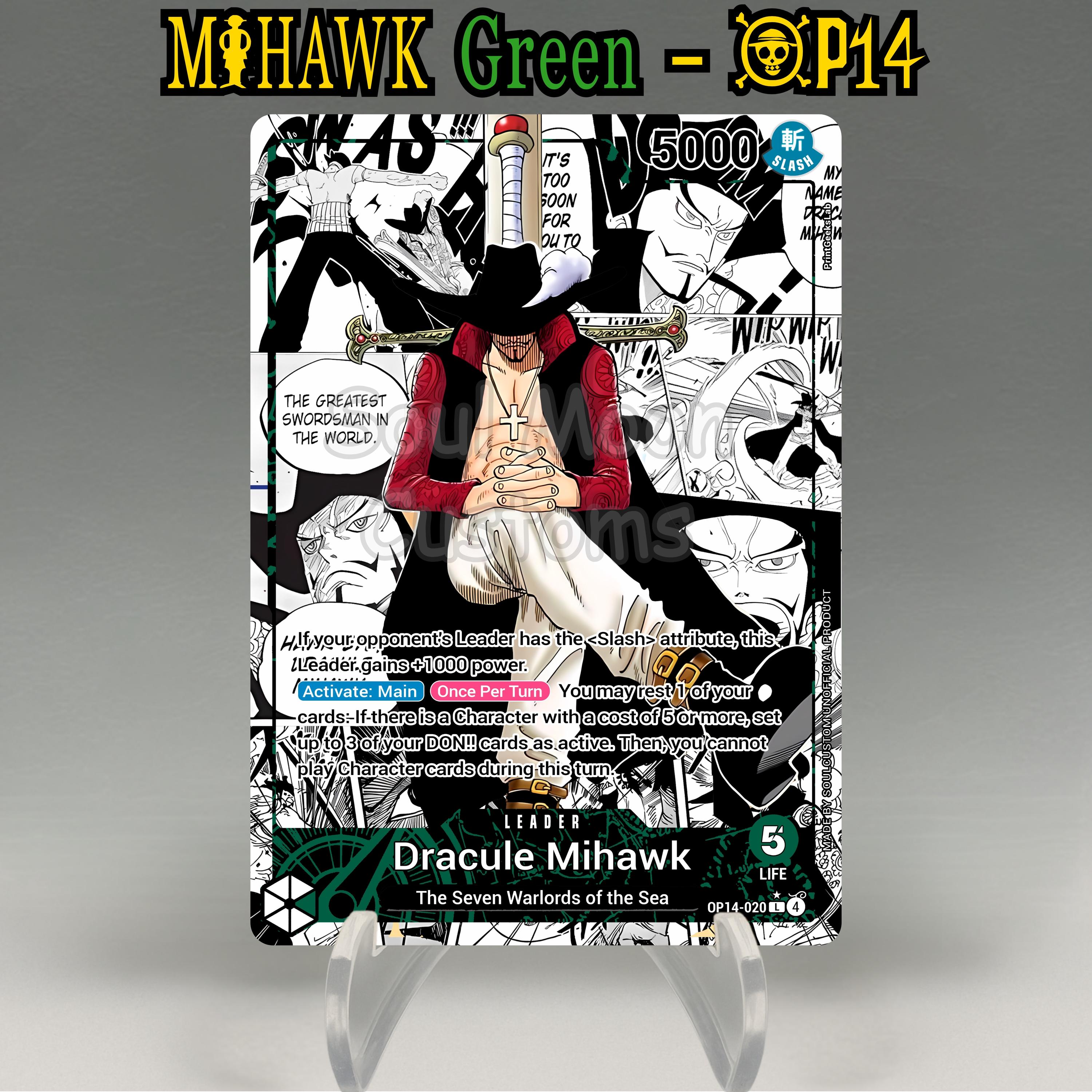 One Piece Proxy, OP14 Mihawk Leader (green), Fullcolor & Artistic