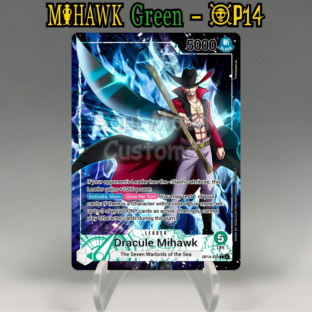 One Piece Proxy, OP14 Mihawk Leader (green) Holographic TCG Card ...