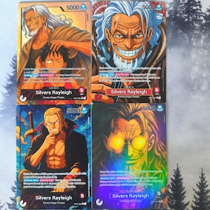 May include: Four trading cards featuring Silvers Rayleigh from the "One Piece" series. Each card displays a different illustration of the character, with a 5000 power rating and the text "Silvers Rayleigh" and "Former Roger Pirates".