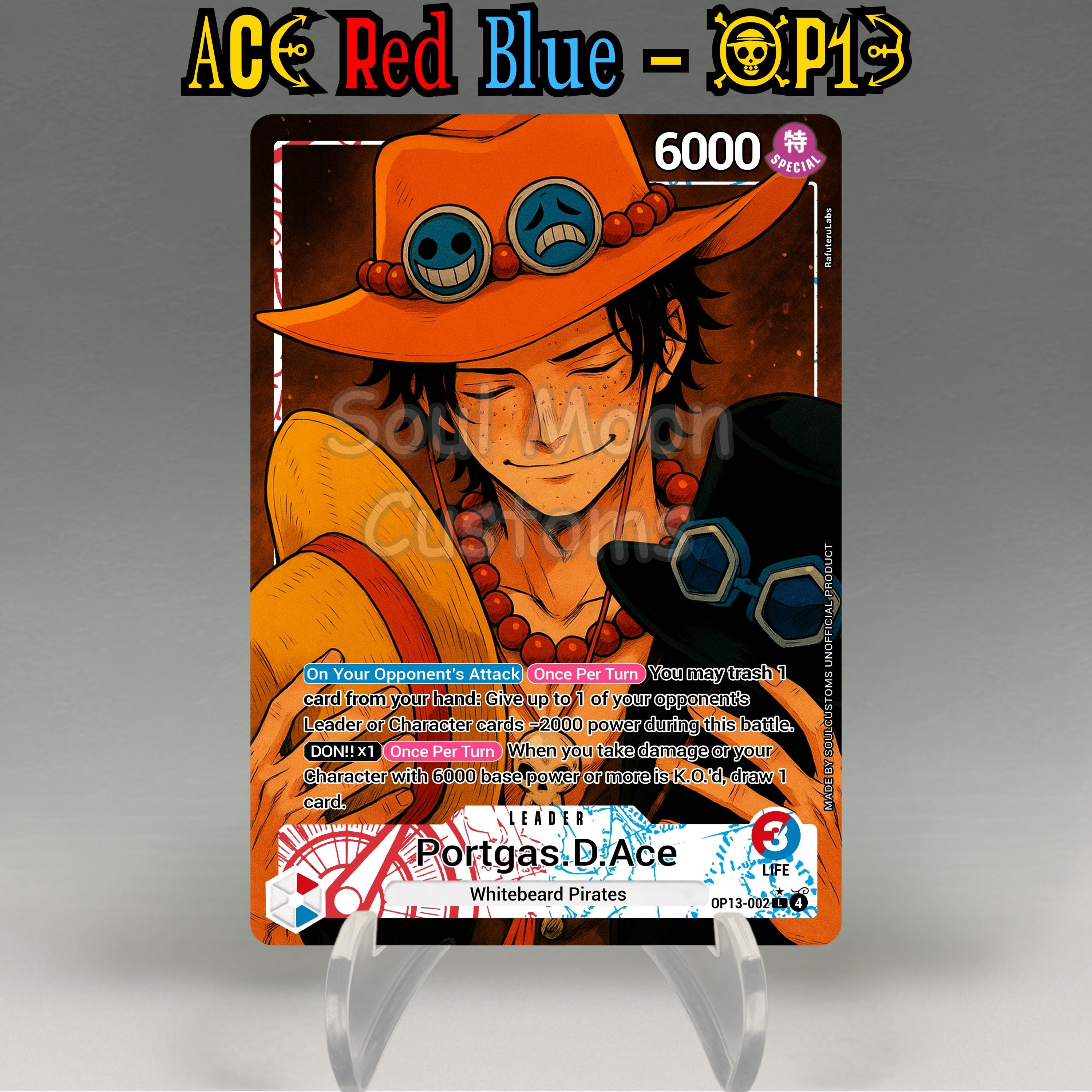 ONE PIECE - たぁー One Piece Proxy, Ace Leader OP13 (red/blue) Holographic TCG Card
