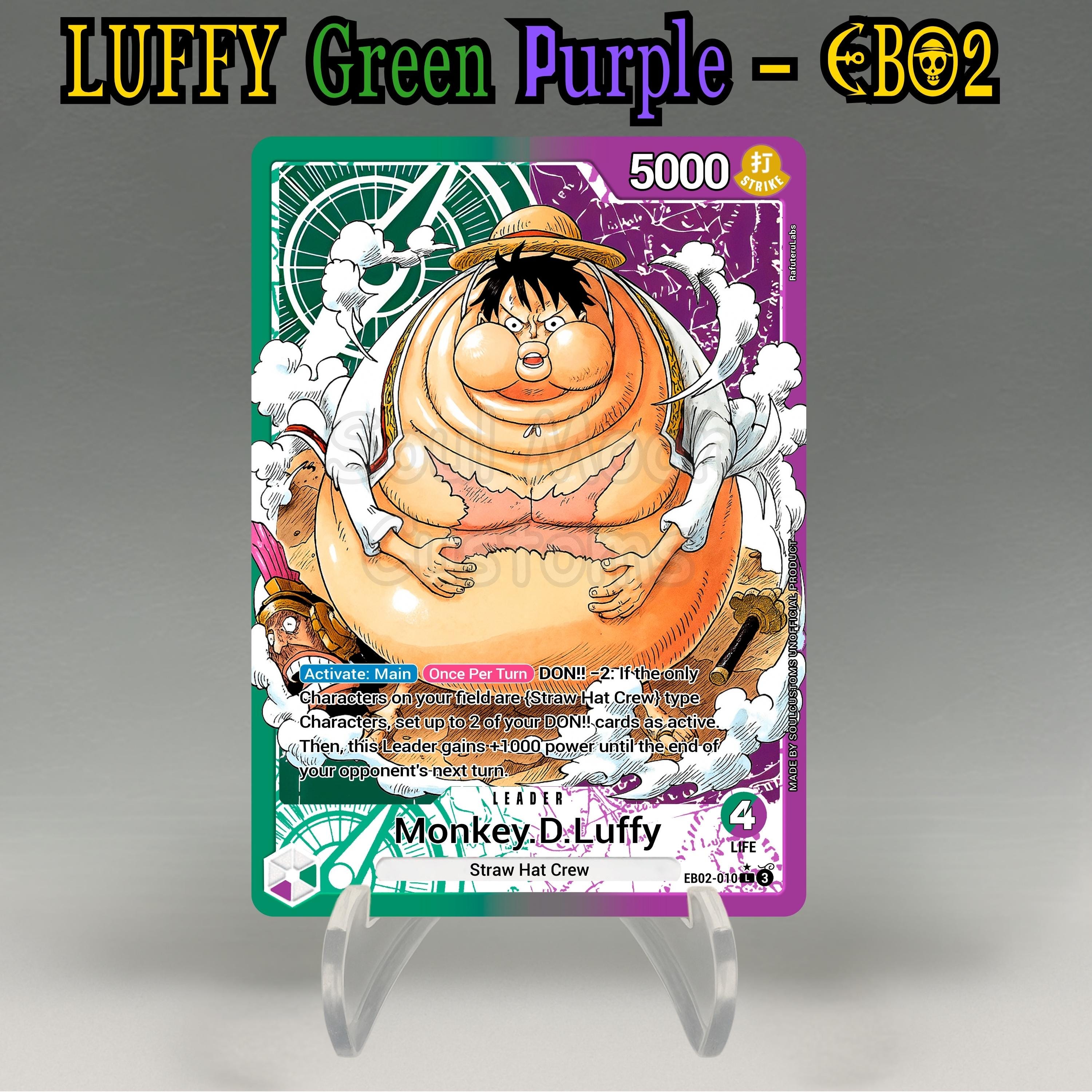 One Piece Proxy, Luffy Leader (green/purple) Holographic TCG Card